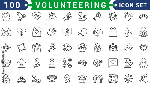 Volunteering and charity web icons in line style. Donate, donor, doctor, care, help, support, collection. Vector illustration.