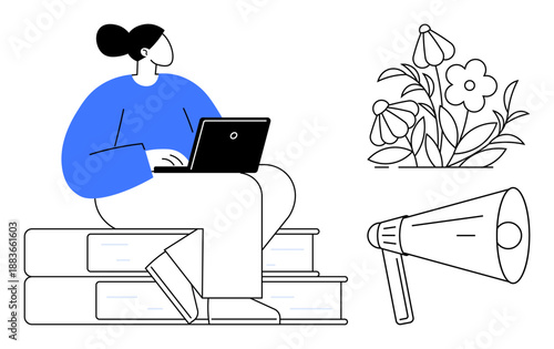 Education, remote work, communication, self-study, content creation, digital tools. Woman seated on books using laptop, next to flowers and a megaphone. Education and remote work concept