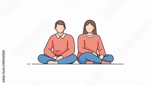 Two individuals seated side by side in red sweaters and blue jeans