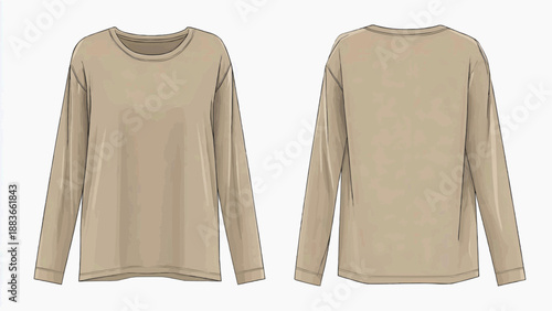 The front and back views of a beige long-sleeved shirt displayed.