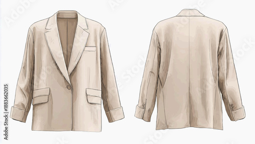 A beige blazer is shown from the front and back on a white background.