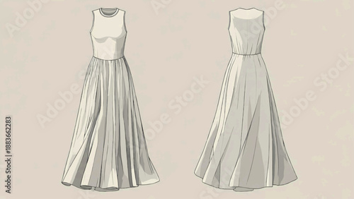 Two elegant evening gowns displayed from front and back views