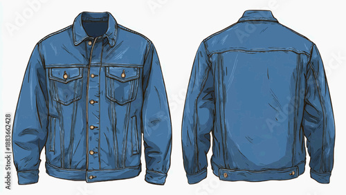 Front and back illustration of a denim jacket with brass buttons on a plain background