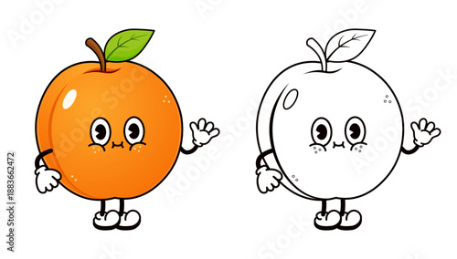 Apricot fruit character waving with coloring page option