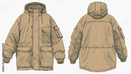 Detailed illustration of a tan winter jacket with hood shown from front and back