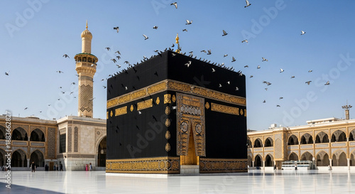 Kaaba in Mecca with birds flying around.