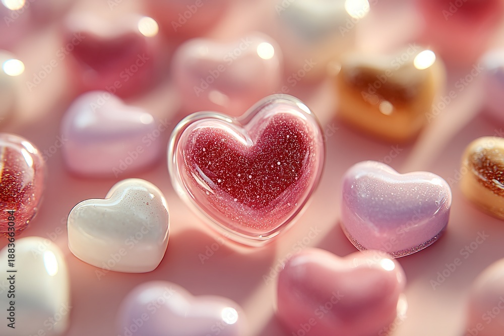 Fototapeta premium Seamless pattern with cute cream hearts and bold pink shadows scattered over a soft light blue background. Playful romantic design for Valentines themes, prints and decor