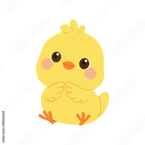 Cute yellow baby chick sitting. Sweet little chicken character for Easter and spring design. Flat vector illustration isolated on white background.