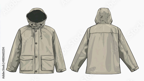 The illustration depicts a beige hooded jacket shown from the front and back showcasing its design and features.