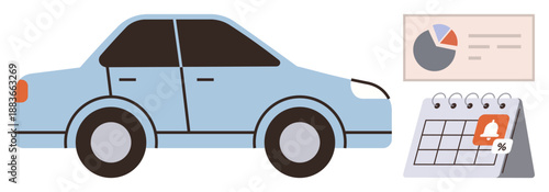 Car loans, financial planning, vehicle insurance, automotive investment, payment schedules, data analysis. Light blue car with a calendar and pie chart. Car loans and financial planning concept