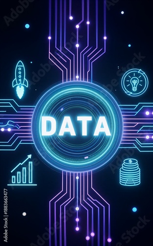 Wallpaper Mural Neon circuit board design featuring "DAT4A" at center, glowing digital icons surround futuristic tech theme. Torontodigital.ca