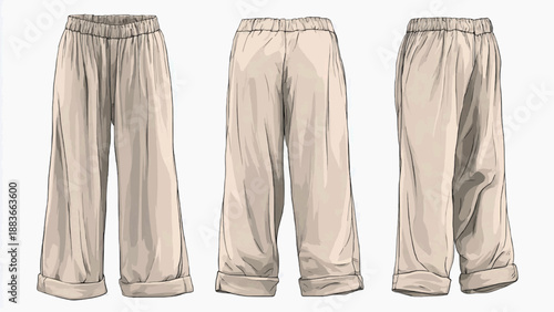 An illustration shows three beige pants from different angles on a white background.