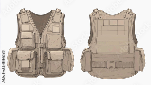 Tactical vest with multiple pouches and compartments on display from front and back