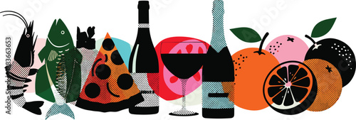 Assortment of gourmet delights including wine, cheese, and fresh fruits arranged on a table, captured from a top-down viewpoint.