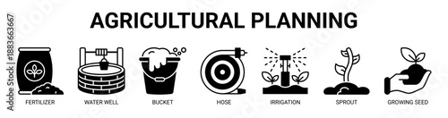 Agricultural Planning web banner icon vector illustration concept with icon of fertilizer, water well, bucket, hose, irrigation, sprout, and growing seed.