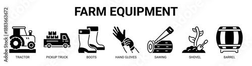 Farm Equipment web banner icon vector illustration concept with icon of tractor, pickup truck, boots, hand gloves, sawing, shovel, and barrel.