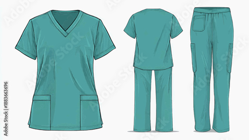 Teal medical scrubs set includes top and pants on white background