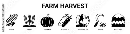 Farm Harvest web banner icon vector illustration concept with icon of corn, wheat, pumpkin, carrots, vegetables, sickle, and haystack.