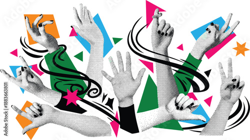 Diverse hands raised in various gestures against a vibrant, abstract background with geometric shapes and swirling patterns