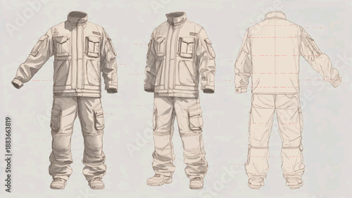 Illustration of a tactical uniform with multiple views and details