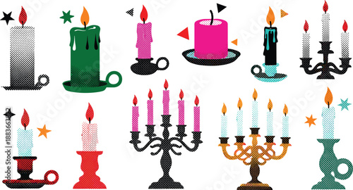 A collection of diverse candle holders and lit candles displayed together in a festive arrangement showcasing various styles and designs
