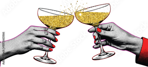 Celebratory toast with champagne glasses clinking in a festive atmosphere from a close-up viewpoint