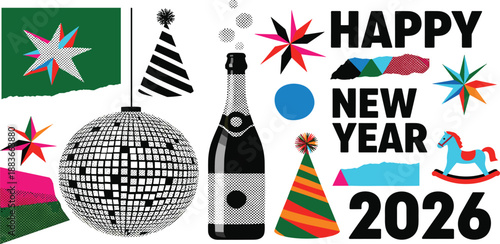 Vibrant New Year's celebration with disco ball, champagne, and festive decorations viewed from a lively party scene