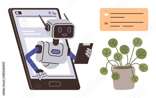 Artificial intelligence, mobile technology, future innovation, human-computer interaction, digital assistants, eco-friendly tech. Robot with tablet exiting smartphone near plant. Artificial