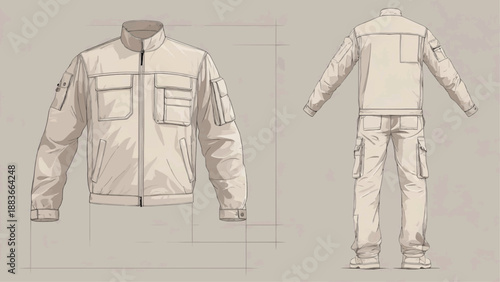 Fashion designer illustrates a detailed technical drawing of jacket and pants.