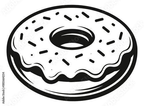 Line art illustration of a donut depicting sweet icing and sprinkles for bakery and snack designs