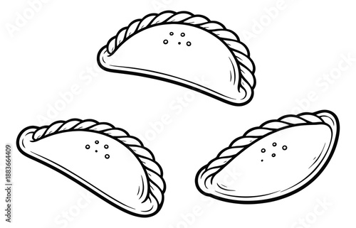 Hand drawn line art empanada set featuring three traditional savory pastries for food and cuisine projects