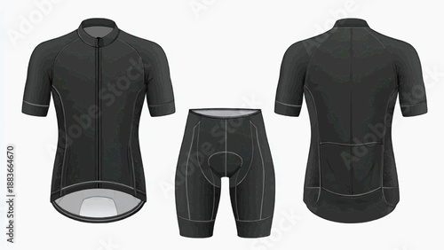 Cyclist wears black cycling jersey and shorts from front and back view