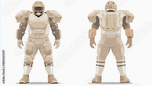 A futuristic robot stands and faces away in a neutral beige spacesuit.