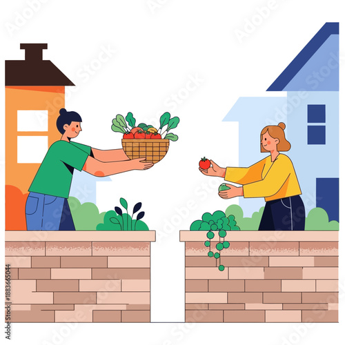 Community sharing fresh vegetables between neighbors, illustration