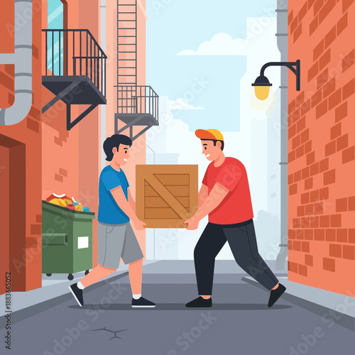 Delivery workers carrying wooden crate in alleyway