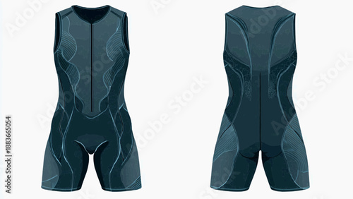 Triathlon swimsuit design features front and back views on white