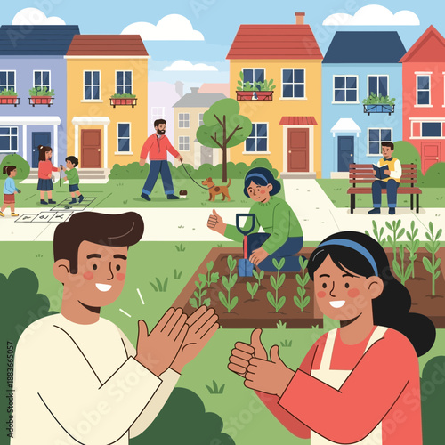 Diverse community gardening, neighbors enjoying suburban life and green spaces.
