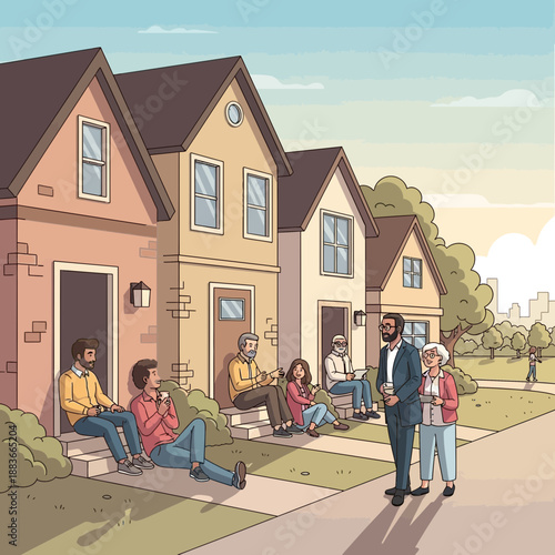Diverse neighbors interacting on suburban street with houses and park