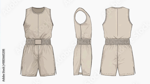 Fashion illustration showcases a beige jumpsuit from front, back, and side views.