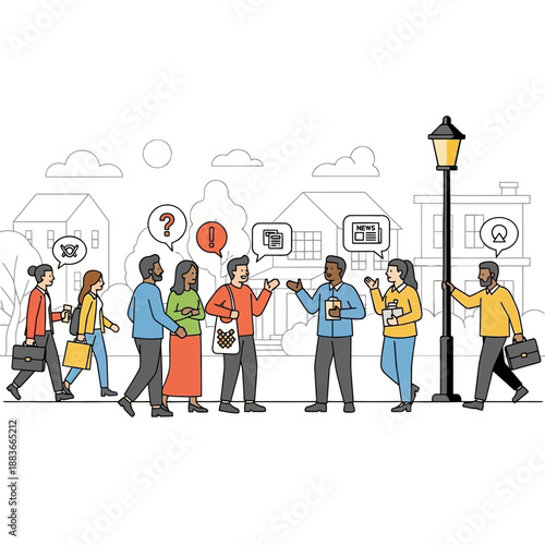 Diverse people communicating on a street with houses and lamppost