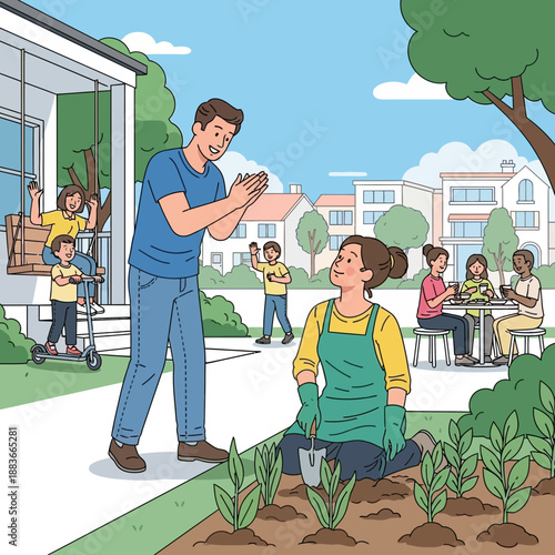 Family enjoying outdoor activities together in a suburban neighborhood