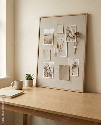 Decorated mood board on wooden table with coffee cup and plant