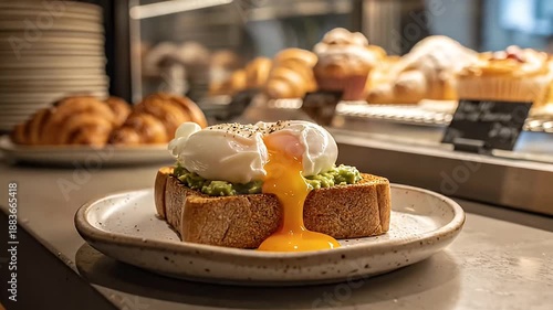 Golden Yolk Flowing Over Poached Egg Avocado Toast Cafe Counter
