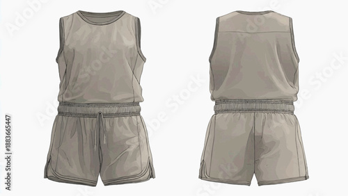 A detailed view of the front and back of a gray athletic outfit consisting of a sleeveless top and shorts.