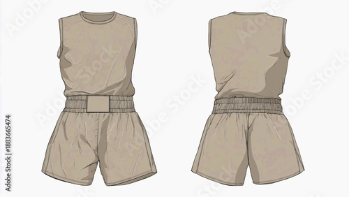 Fashion designer illustrates beige sleeveless jumpsuit with belt and shorts from front and back views