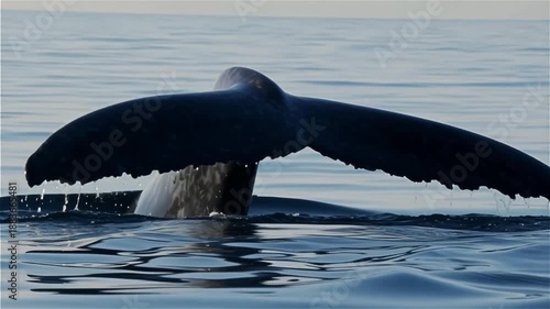Large humpback whale tail fluke dipping into calm ocean water with droplets falling from it representing marine life