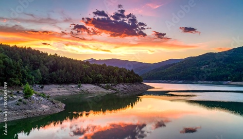 Wallpaper Mural A scenic panoramic shot of a mountain lake, reflecting the fiery sunset hues in the still waters, with lush green trees Torontodigital.ca
