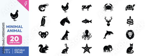 Minimal Animal Silhouette Icon Set.