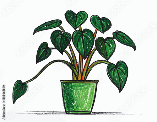 A vibrant potted philodendron plant with heart-shaped leaves, depicted in a charming hand-drawn illustration style