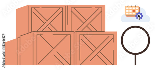 Inventory tracking, logistics planning, supply chain management, warehouse organization, storage solutions, business operations. Stacked wooden crates, calendar with gear magnifying glass. Inventory